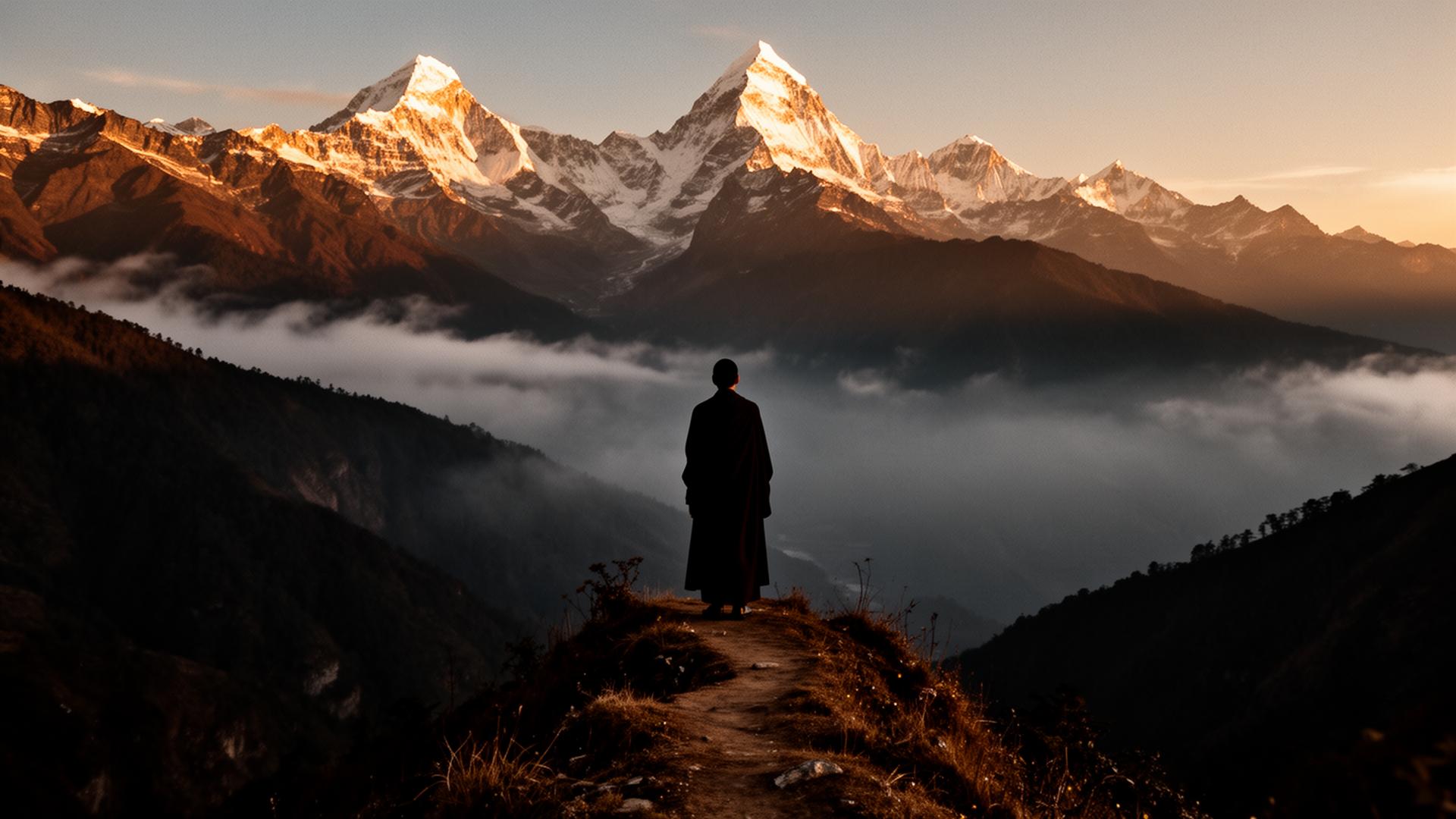 A solitary figure stands before Himalayan peaks at golden hour